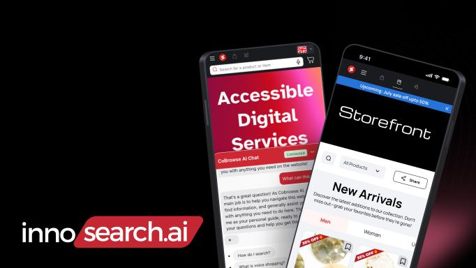 Innosearch AI logo (lower case white text on black and red background) to the left of photos of 2 smartphones. One smartphone shows the screen for Accessible Digital Services and the other shows the screen for Storefront.